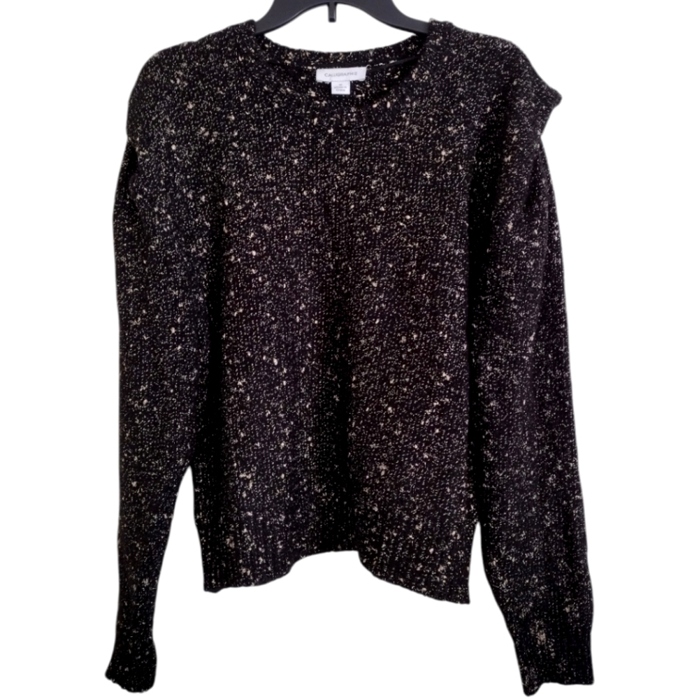 Calligraphie Anthropologie black gold metallic sweater puff sleeves size XL